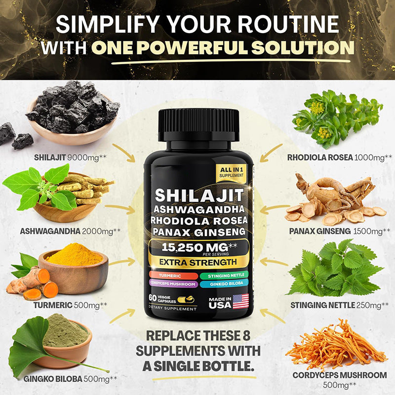 Shilajit Pure Himalayan 9000MG, Energy Booster Ashwagandha 2000MG, Rhodiola Rosea 999MG, Panax Ginseng 1500MG, Turmeric 500MG, Ginkgo Biloba 500MG, Stinging Nettle 250MG Cordyceps Mushroom 500