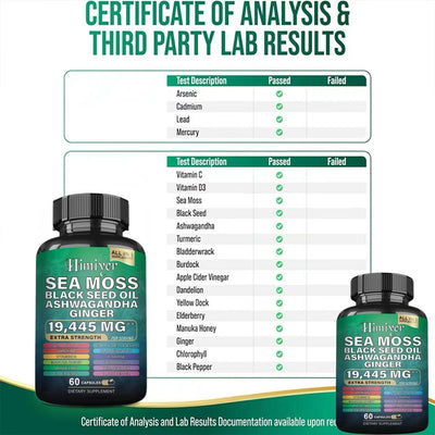 Sea Moss 7000mg Black Seed Oil 4000mg Ashwagandha 2000mg Turmeric 2000mg Bladderwrack 2000mg Burdock 2000mg & Ginger Vitamin C Vitamin D3 With Elderberry Manuka Dandelion Yellow Dock Chlorophyll ACV