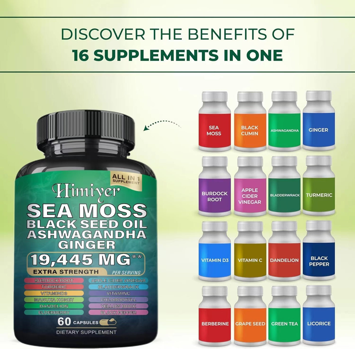 Sea Moss 7000mg Black Seed Oil 4000mg Ashwagandha 2000mg Turmeric 2000mg Bladderwrack 2000mg Burdock 2000mg & Ginger Vitamin C Vitamin D3 With Elderberry Manuka Dandelion Yellow Dock Chlorophyll ACV